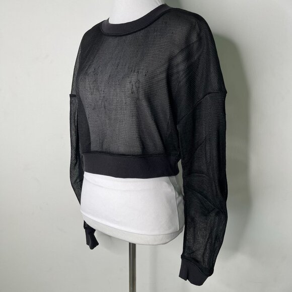 Alo Women's Black Sheer Mesh Long Sleeve Cropped Crewneck Top Size Medium - Picture 4 of 11